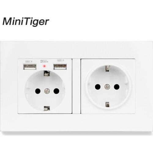 Minitiger 2 Gang Russia Spain EU Standard Wall Socket With 2 USB Charge Port Hidden Soft LED Indicator PC Panel Black White