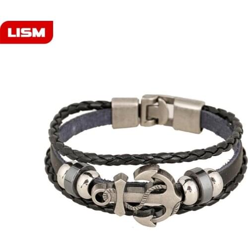 Multilayer Anchor Bracelet Men Casual Fashion Braided Leather Bracelets For Women Wood Bead Bracelet Punk Rock Men Jewelry