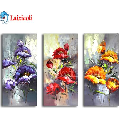 5D Diamond Painting Kits Red purple Orange Flower Picture Rhinestones Diamond Embroidery Cross Stitch 3 pcs abstract Decor Home