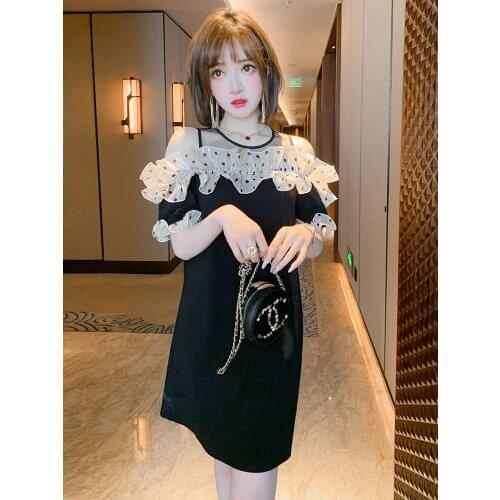 Niche perspective yarn off-the-shoulder wave point agaric edge straight new summer dresses