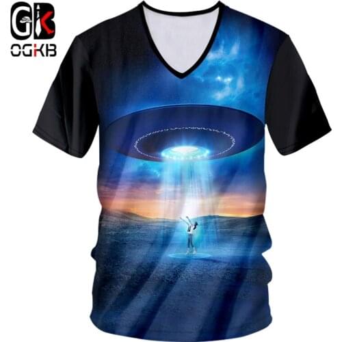 OGKB Mens V Neck Tee Shirt Summer Tops Funny Print Spaceship 3d T-shirt Male Casual Tshirt Bodybuilding Fitness T Shirts 7XL