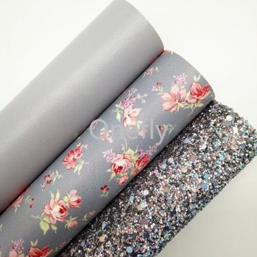 Onefly Grey Chunky Glitter Leather, Flowers Printed Faux Leather Fabric Sheets For Bow DIY handbags shoes DQ037