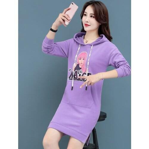 Autumn Women Dress with Hoody Cartoon Printing Chanese Style Wommen Clothing Long Sleeve Maxi Dresses for Women