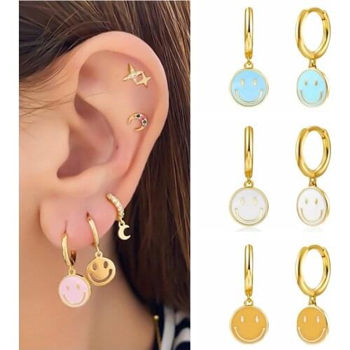 925 Sterling Silver Ear Buckle Rainbow Human Face Hoop Earrings for Women Colorful Pendant Earrings Birthday Gifts for Children