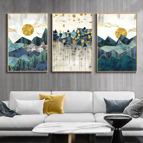 Nordic Wall Art Abstract Geometric Mountain Landscape Canvas Painting Golden Sun Print Art Posters Wall Pictures for Living Room