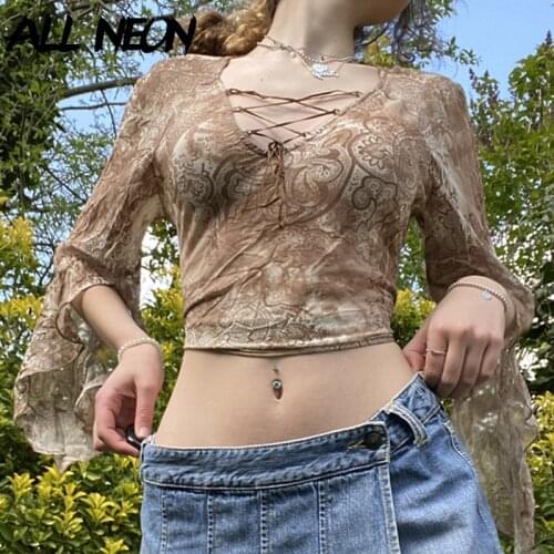 ALLNeon Fairy Grunge Streetwear Lace-Up Flare Sleeve Mesh T-shirts Y2K Vintage Printing V-neck Lettuce Trim Cropped Tops Khaki