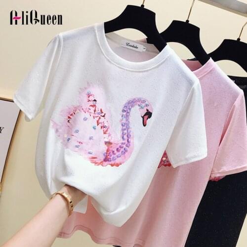 2019 Summer Womens Swan Sequins Short Sleeve Loose T-shirt Student Female White Tees Cotton Tops Casual Black Shirts Plus Size