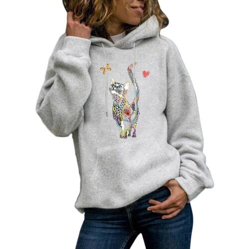 Womens Lobely Cat Print Hoodie Sweatshirts Autumn Fashion 2021 Oversize Ladies Pullovers With Pocket Hooded Sweatshirts #T1G