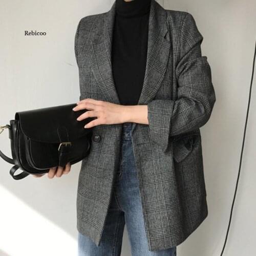 Winter Spring Womens Blazers Plaid Double Breasted Pockets Formal Jackets Checkered Outerwear Tops Office Lady Jacket