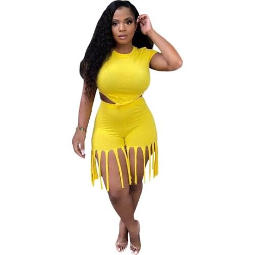 European and American Womens Summer Solid Color Short-Sleeved T-Shirt Tassel Shorts Suit Casual Sports Two-Piece Suit