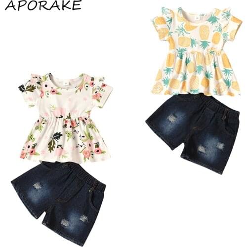 2021 0-4Y Toddler Baby Girl Clothing Pineapple/Floral Print Ruffle Short Sleeve Dress Top+Denim Shorts Kids 2pcs Outfits Set