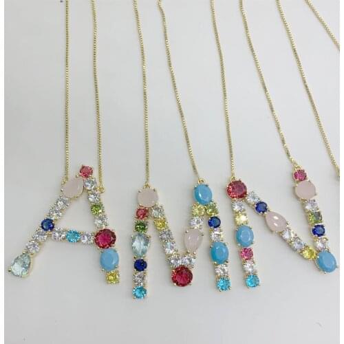 5pcs/lot free shipping Colorful Cubic Zirconia Micro Paved 26 letters Big Initials Pendant Nacklace For Women Jewelry