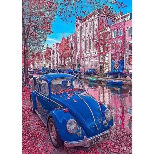5D DIY Diamond Painting Street View Full Square/Round Diamond Embroidered Blue Car Mosaic Rhinestone Landscape Picture Crafts