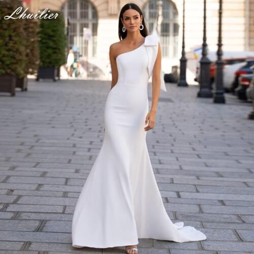 Lhuilier One Shoulder Mermaid Satin Wedding Dresses 2020 Sleeveless Floor Length Zipper Closer Sweep Train Bridal Dress