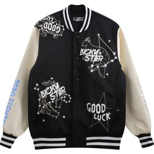 Good Luck Embroidery Baseball Jacket Men Streetwear Harajuku Bomber Jacket Coat