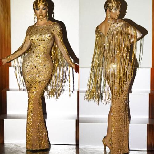 Sparkly Crystals Long Dress Fringes Women Evening Wedding Prom Party Birthday Rhinestones stage dance costume