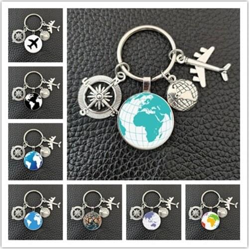 Earth plane keychain pendant earth compass personality memorial key ring gift for travel lovers