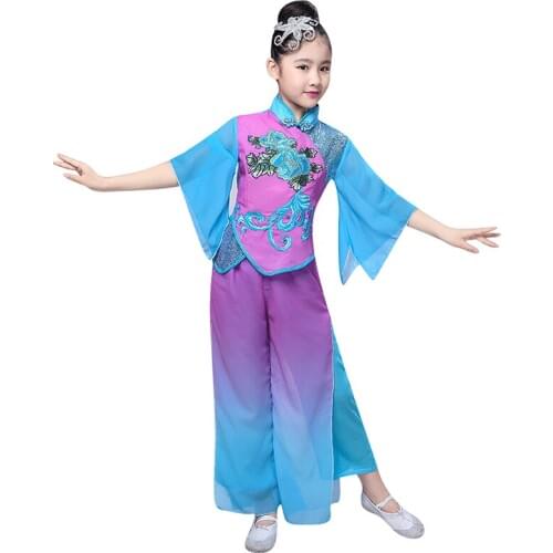 Childrens classical dance costumes, Chinese wind clothes, girls, hmong, national fan dance, Yangko costumes