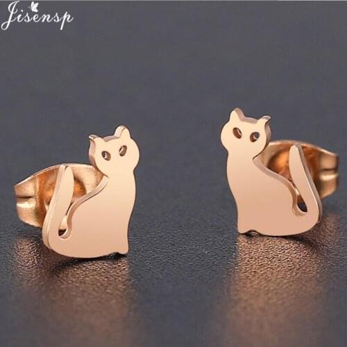 Jisensp Fashion Cute Tiny Cat Stud Earrings Women Lovely Hollow Animal Earrings Jewelry Geometry Rose Gold Earing Brincos Bijoux