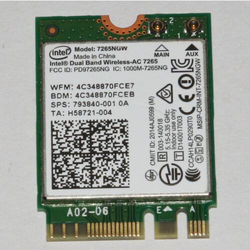 Card for Dual band Wireless AC Intel 7265 7265NGW 802.11ac 867M 2 x 2 WiFi + Bluetooth 4.0 867Mbps NGFF card HP 756751 793840