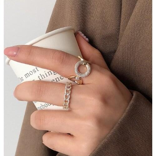 Aesthetic Luxury Rhinestones Chain Rings for Women Accessories New Fashion Hollow Handmade Adjustable Wedding Bride Jewelry Gift