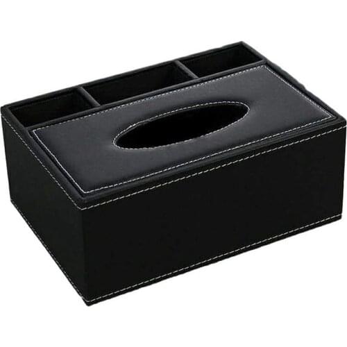 Leather Tissue Box Remote Control Holder Multifunctional Desktop Organizer Pencil Scissor Container (Black)
