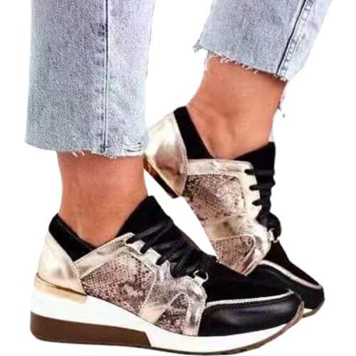 Women Vulcanized Shoes Patchwork Lace-up Mixed Color Wedges Plus Size Female Sneakers Platform Fashion Leisure Ladies Footwear