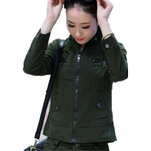 Spring Autumn Womens Military Army Green Jacket Coat Casual Stand Collar Zipper Slim Short Bomber Jacket Clothing Female