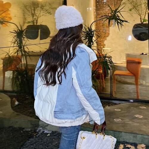 2021 winter new denim stitching fake two-piece shiny down jacket women short white duck down waist stand collar jacket