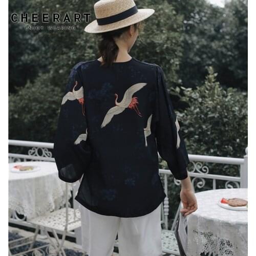 CHEERART Ukiyoe Crane Print Summer Blouse Women Tops And Blouses Vintage Chiffon Loose Top Japanese V Neck Female Blouses