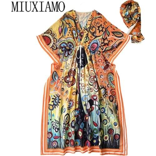 MIUXIMAO 2021 Bohemian Plus Size Dress V-neck Sleeve Maxi Dress Women Silk Floor Length Colourful Flower Kaftan Dress Belt