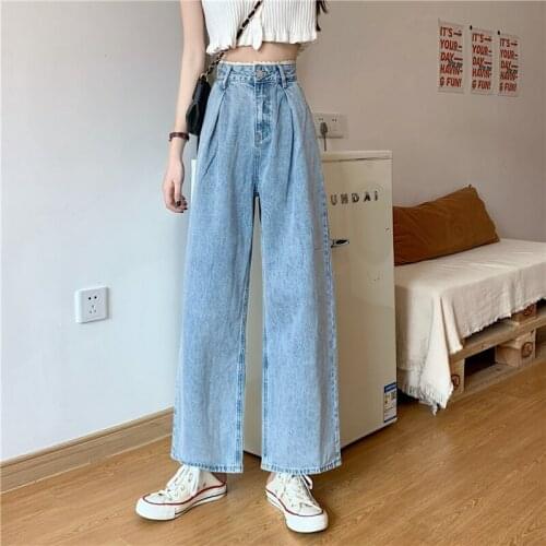 New Womens Jeans Retro Fashion Korean Womens Wide-Leg Pants Lace Pleated Womens Casual Loose High-Waist Wide-Leg Jeans