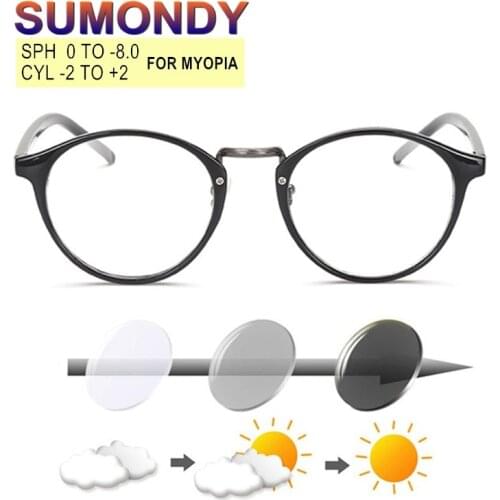 SUMONDY Customizable Myopia Prescription Glasses SPH 0 to -8.0 Men Women Round Frame Photochromic Shortsighted Spectacles UP014