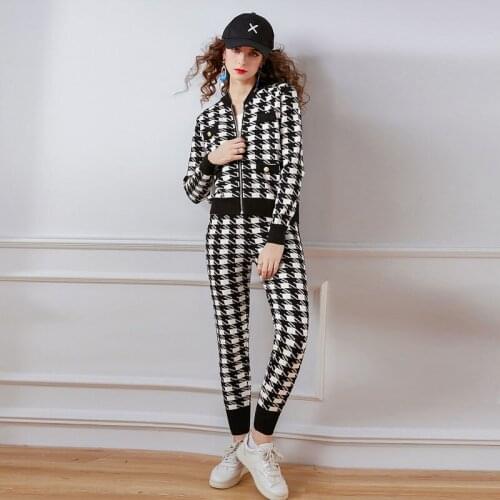 Autumn Black White Houndstooth Knitted Tracksuit 2 Piece Pant Suits Women Zipper Cardigan + Pants Two Piece Set Sporting Outfits