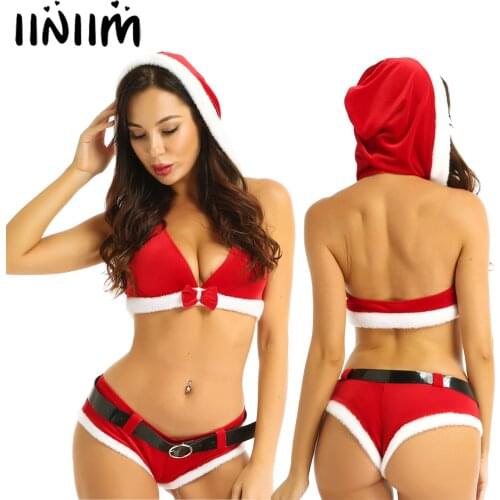 Christmas Sexy Outfit Red Navidad Babydoll Lingerie Set Women Adult Santa Hooded Bra Top Mini Booty Shorts Noel Exotic Underwear