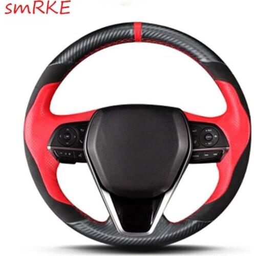 Hand sewing Carbon fiber Red leather steering wheel decoration cover for 2018 Toyota camry 8 th MK8