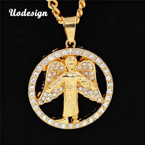 Uodesign Hip Hop Round Angel Crystal Pendant Men Women Jewelry Gifts Iced out Gold Bling Rhinestone Crystal Pendants Necklace