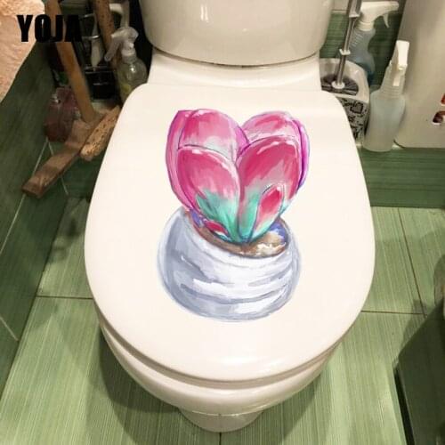 YOJA 14.8X21.1CM Hand Drawn Cartoon Pink Flesh WC Toilet Sticker Cute Plant Home Room Wall Decor T1-1587