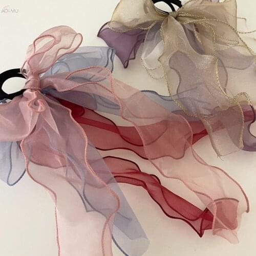 AOMU 2021 Korea Chic Transparent Net Yarn Fabric Big Bowknot Elastic Hair Bands for Women Hair Accessories Headwear