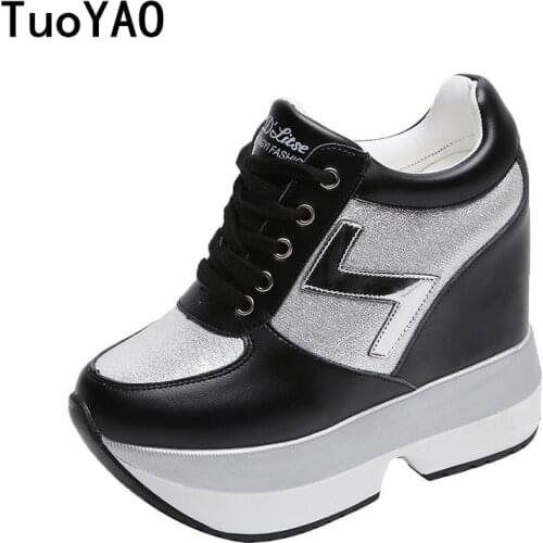 Women Sneakers Leather Casual Platform Trainers White Shoes 10CM Heels Autumn Wedge Breathable Woman Height Increased Bling Shoe