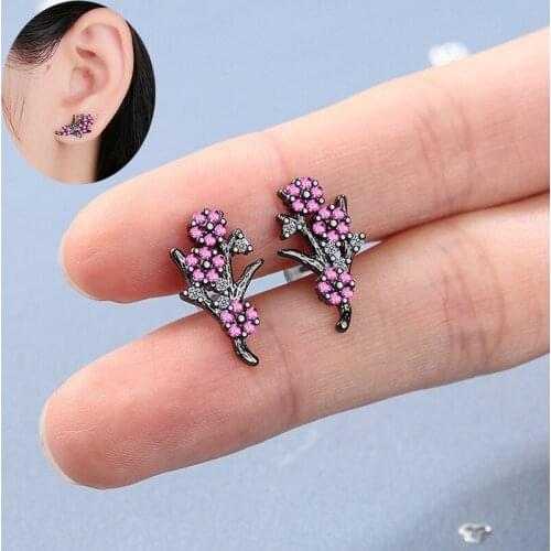 Womens Vintage Elegant Plum Blossom Stud Earrings Pink Zirconia Black Exquisite lyrical Earring Piercing Jewelry Tiny Gifts