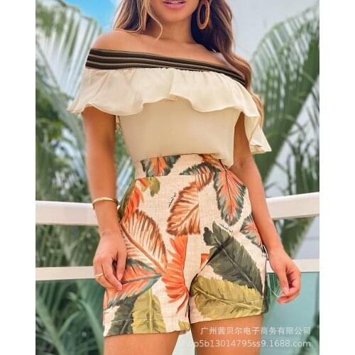 Off-Shoulder Top Blouses Women Shorts Sets 2 Piece Sets Summer Outfits Slash Collar High Waist Shorts Sets