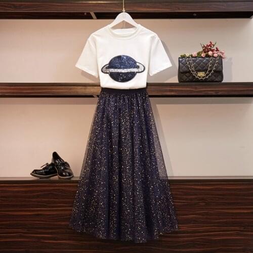 2020 Summer Skirt Suit Women Short Sleeve Sequined Planet T-Shirt Top + Gilding Sequins Mesh Long Skirt Set Fashion 2 Piece Sets