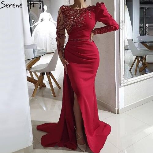 Red Mermaid Split Evening Dresses Long 2021 Satin Beading Elegant Sexy Gowns For Women Party BLA70992 Serene Hill