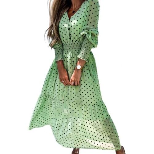 2021 Women Summer Dress Polyester High Waist Polka Dot Printing Slim Long Sleeve Beach Dresses