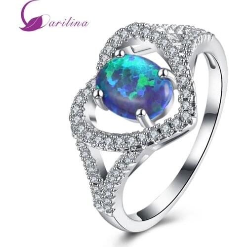 New Silver Color Blue Fire Opal Ring With AAA Cubic Zirconia Heart Gift Engagement Wedding Ring For Women Lady R2094
