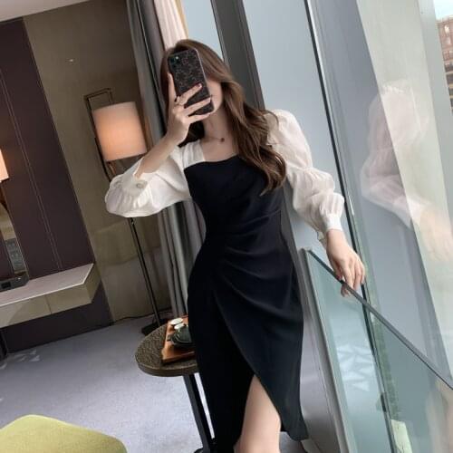 2021 Spring New Womens Temperament Square Collar Slim Irregular Dress