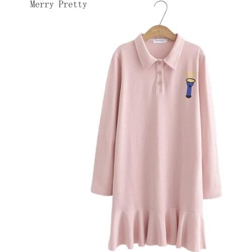Turn-Down Collar Long Sleeve Women Straight Dress 2020 Spring Cartoon Embroidery Ruffles Patchwork Cotton Pleated Dresses Casual