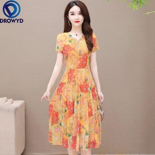 Women Yellow Chiffon Midi Dress Elegant Floral Print Lace Up Slim Short Sleeve V-neck A-Line Orange Maxi Dresses Party Vestidos