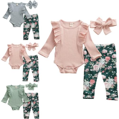 3PCS Newborn Baby Girls Outfits Knit Ruffle Long Sleeve Bodysuit Romper Top Floral Pants Set with Headband Fall Clothes